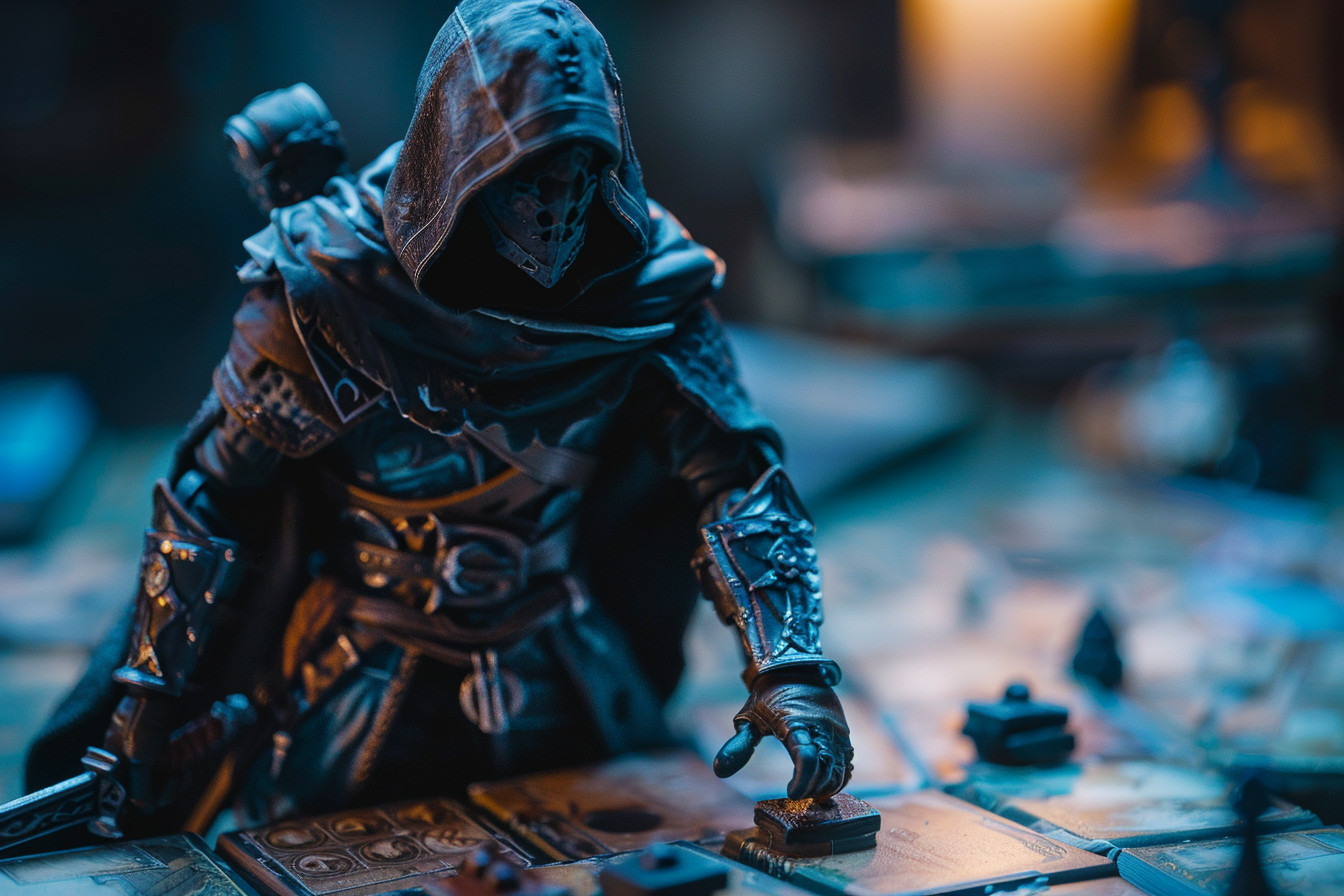 A close-up view of detailed miniatures and game tokens on the Skyrim board game setup
