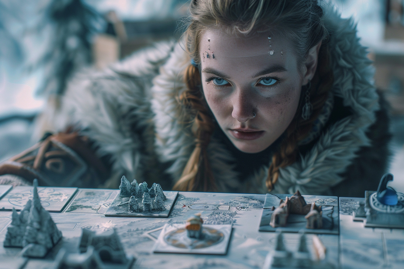 Player concentrating on a game board featuring detailed miniatures and cards in the Skyrim board game.