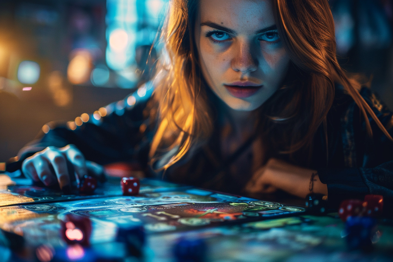 A hooded character miniature in a dramatic pose on the Skyrim board game, surrounded by game cards and pieces.